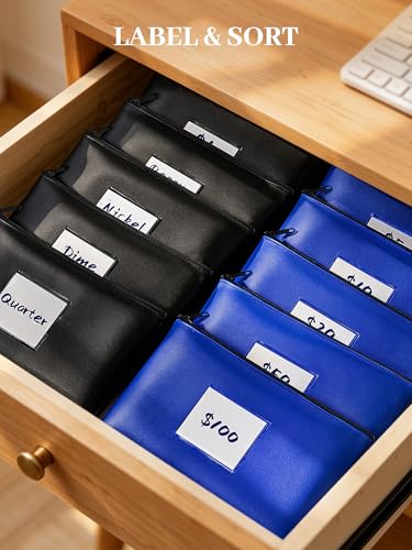 SMARTAKE 10-Pack Bank Deposit Money Bags with Zipper, Leather Bags Wallet Pouches with Label, Makeup Bags, for Cash, Coins, Cosmetics, Invoice, Bills, Tools, 11.5 x 6.2 Inches (Blue+Black) - color: Blue & Black