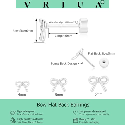VRIUA 20G Tiny Flat Back Earrings for Women - 14K Gold/Silver Plated Small Flat Back Stud Earrings Hypoallergenic Cartilage Helix Piercing Jewelry - color: 4/5/6mm-Bow Flat Silver