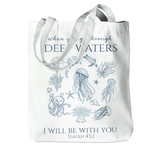 Floral Beach Whale Shark Gifts Jellyfish Christian Canvas Tote Bag for Work Totes for Women Christmas Bible - color: Deepwatersisaiah 182