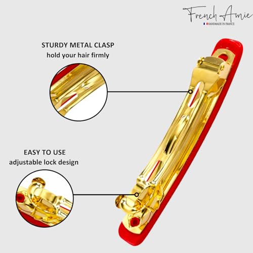 French Amie Rectangular Handmade Small Hair Barrette 2 1/4 Inch with Metal Clasp, Cellulose Acetate Hair Clip Grip for Women & Girls, Strong Hold for Fine Hair, Bangs, and Half-Up Styling (Red) - color: Red