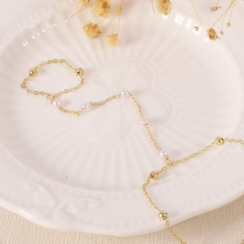 BAYLAY Hand Chain Bracelet, 14K Gold Plated Ring Bracelet Hand Chain Dainty Gold Bracelet for Women Trendy Finger Ring Slave Bracelets Hand Jewelry for Women Summer Beach Boho Gifts Trendy Stuff - color: Pearls