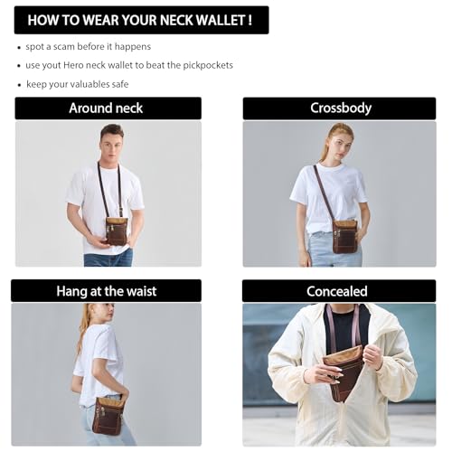 LANNSYNE Full Grain Leather Travel Wallet, Leather Cell Phone Belt Bag, Waist Pack Pouch, Neck Wallet Travel Pouch and Passport Holder for Men and Women Keep Valuables Safe - color: Brown