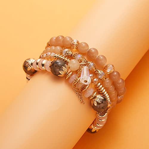 FUTIMELY Bohemian Crystal Beaded Bracelets Set for Women,Dainty Handmade Multilayer Colorful Charm Bracelet Beaded Stackable Stretch Bracelet Jewelry - color: Brown