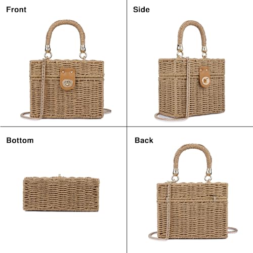 Handwoven Rattan Bag for Women Wicker Crossbody Shoulder Bag Straw Beach Tote Bag Top Handle Satchel Handbag with Chain Strap - color: Brown