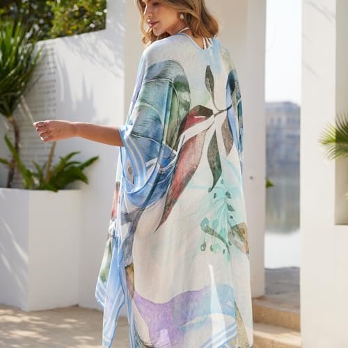 Kimonos for Women Casual Swimsuit Coverup Lightweight Boho Kimono Cardigans for Summer - color: Blue Big Leaves