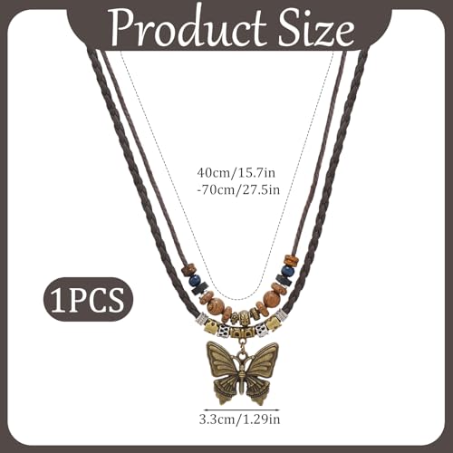 Boho Necklace for Women,Vintage Butterfly Pendant Necklaces,Adjustable Wooden Beads Layered Braided Choker,Fashion Tribal Style Leather Rope Necklace Jewelry,Chunky Statement Gift for Women - color: Brown