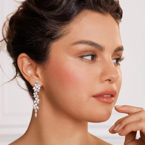 Awinesn Clip on Earrings for Women 925 Sterling Silver Plated Cubic Zirconia Long Tassel Dangle Drop Earrings Non Pierced Earrings for Women Jewelry Gifts Wedding Party - color: leaves 3