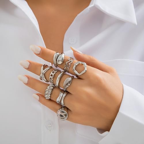 Chunky Rings for Women Adjustable Thick Rings Set Trendy Statement Stackable Ring for Women Chunky Jewlery Irregular Dome Flower Finger Knkuckle Thumb Ring - style: Style 5 - 10pcs s