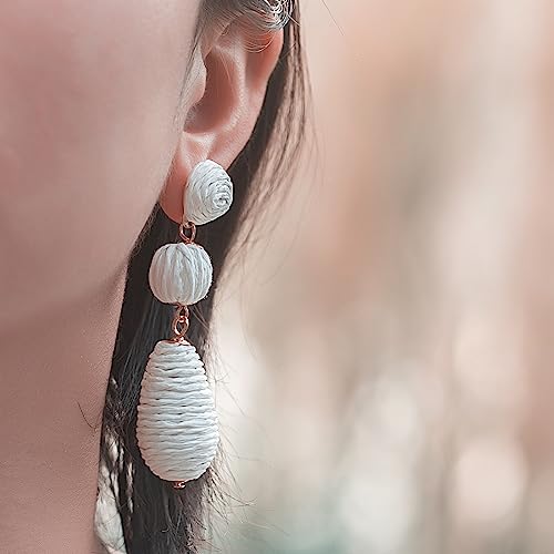 Boho Raffia Earrings Statement Dangle Earrings Cute Teardrop Ball Earrings Colorful Summer Jewelry Handmade Rattan Earrings for Women - color: White