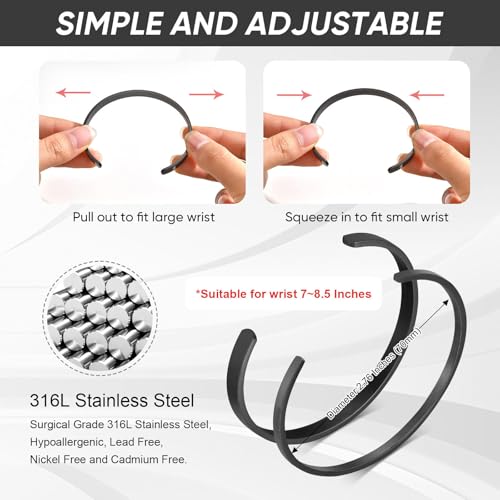 MEALGUET Stainless Steel Mens Cuff Bracelet : Minimal Cool Silver/Black/Gold Plated Open Metal Cuff Bangle Bracelets for Men,Mens Bracelet Jewelry Gift - color: Black-2-Pack, size: Large( fit 7" to 8.5" wrist)