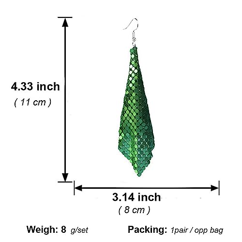 coadipress Metal Mesh Grid Sequins Tassel Long Drop Dangle Earrings for Women Trendy Lightweight Charms Disco Vintage Colorful Long Hook Earrings Bridal Wedding Jewelry - color: Green