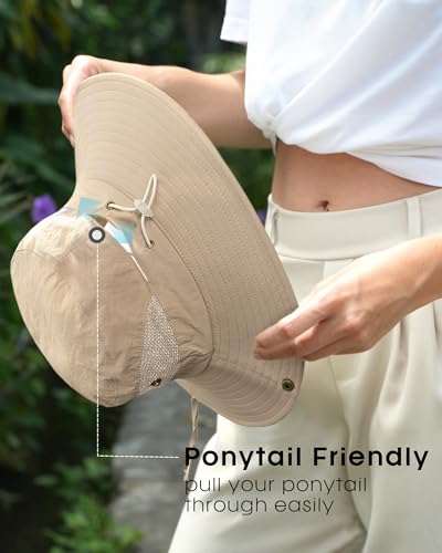 FURTALK Womens Sun Hat with Ponytail Hole Beach Hiking Summer Wide Brim UPF 50+ Outdoor Protection Foldable Bucket Hat - color: Khaki