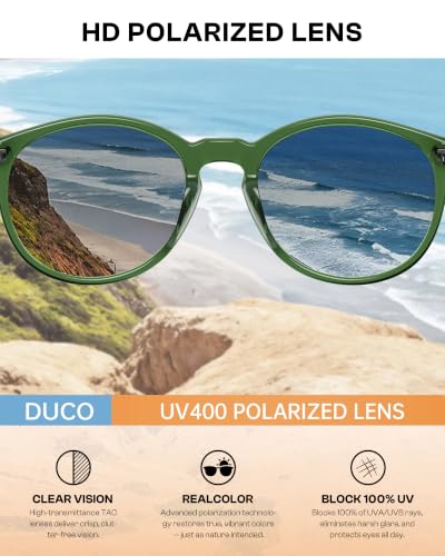 DUCO Women's Trendy Retro Round Acetate Polarized Sunglasses, UV400 99% Glare Block, Lightweight for Daily & Outdoor - color: 6. Transparent Green Frame Grey Lens