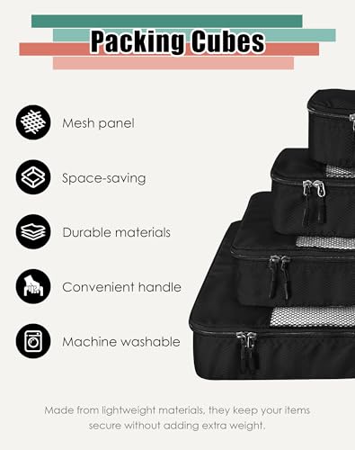 WTREE 4-Piece Packing Cubes Travel Accessories Set for Suitcases - Luggage Organizer Bags with Double Zipper - Mesh Top - Small/Medium/Large/Slim - Black - color: Black, size: Slim, Small, Medium, Large