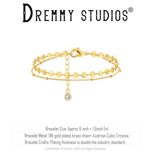 Dremmy Studios Gold Bracelet for Women 18K Gold Plated Dainty Paperclip Cubic Zirconia Disc Coin Star Cable Satellite Bead Pearl Simple Boho Minimalist Stacking Layered Link Jewelry Gift - color: Layer A