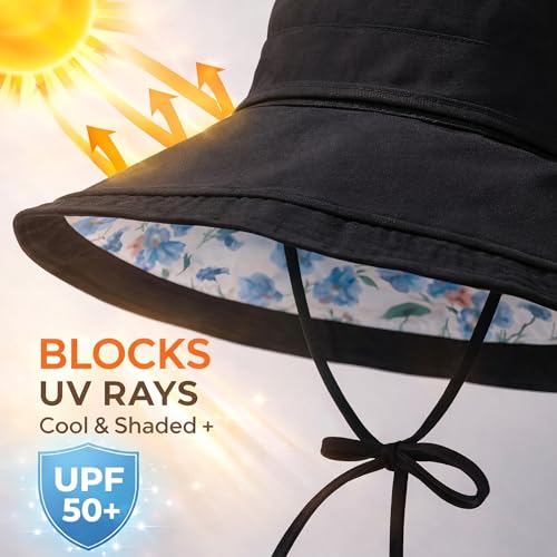 Wide Brim Sun Hat for Women Reversible Beach Hats Metal Wired Edge Gardening Hats, UPF 50+ Bucket Summer Hat - color: Black
