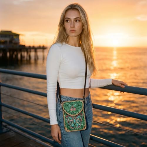 Small Crossbody Bags for Women Designer Cell Phone Bag Boho Shoulder Wallet Purse - color: Green Butterfly