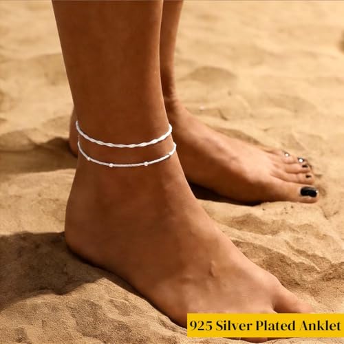 Yalice 925 Silver Ankle Bracelets Chain for Women Dainty 14K Gold Plated Waterproof Beads Anklets Layered Beach Foot Jewelry Gift - color: Silver-Twisted Link