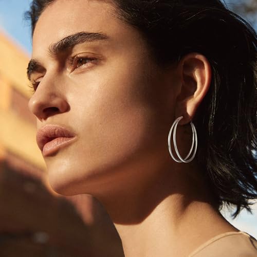OOOPEL Large Thin Double Hoop Earrings for Women Lightweight Hypoallergenic 925 Sterling Silver Post 14K Gold Hoops Non Tarnish Sturdy Big Thin Double Layered Hoop Earrings 30/40/50/60mm - color: Silver, size: 40mm
