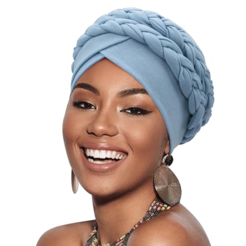 African Women Turban Caps Pre-Tied Twisted Turbans Head Scarf for Women Hair Wraps Cover Beanie Cancer Chemo Headwear - color: 1 Pack Double Twisted Braid A: Blue a