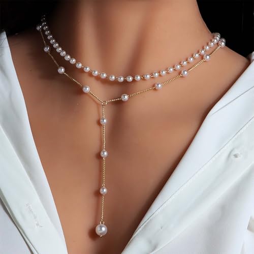 Vintage Pearl Y Lariat Necklace Layered Pearl Choker Necklace Gold Pearl Y Necklace Long Pearl Drop Necklace Wedding Pearl Pendant Necklace Jewelry for Women