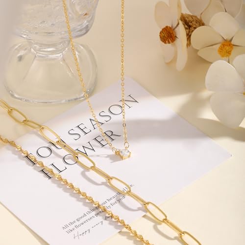 Layered Gold Necklace for Women Trendy 14K Gold Plated Heart CZ Pendant Layered Gold Necklaces Set Coin Choker Necklaces Simple Circle Cubic Zirconia Pearl Necklace Stack Herringbone Paperclip Chain Jewelry Set - style: 3PCS-Paperclip chain zircon-GD