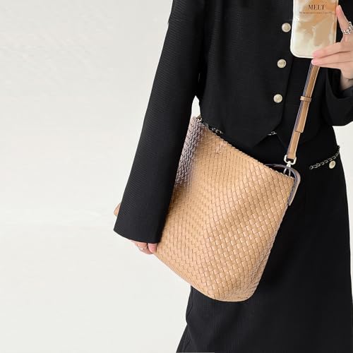 JINMANXUE Women Boston Bag, Woven Hobo Tote Handbag and Purses, Female Satchel Messenger Bags, Fashion Shoulder Crossbody Bag - color: Milk Tea