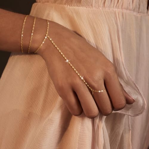 Moodear Gold Hand Chain Bracelet for Women - 14K Gold Plated/Sterling Silver Layered Adjustable Satellite Bead Paperclip Dot CZ Link Hand Chain Ring Bracelets Non Tarnish Trendy Jewelry Gift - style: 3BR-Gold