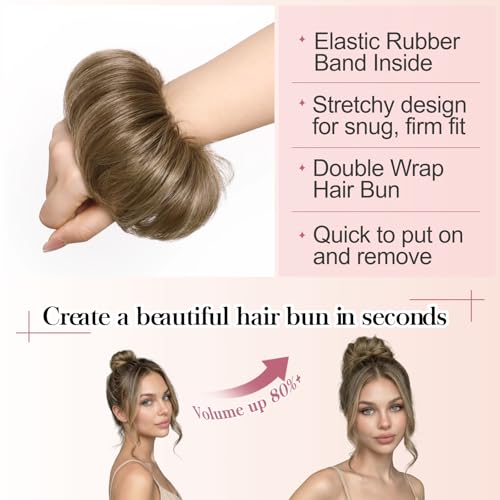 Messy Bun Hair Piece Human Hair, Real Buns for Women, Ashy Blonde Scrunchie Updo Hairpieces, Natural Fake Bun Extension, Faux Wig Donut Chignon, Lightweight 25g Thick Wavy Hairpiece - color: Ashy Bronde