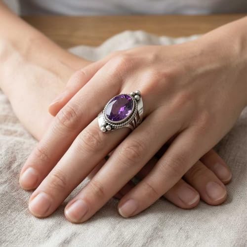 Handmade 925 Sterling Silver Plated Ring Natural Gemstone Carnelian, Rose Quartz, Tiger Eye, Crystal Oval Boho Jewelry For Women - color: Amethyst Quartz