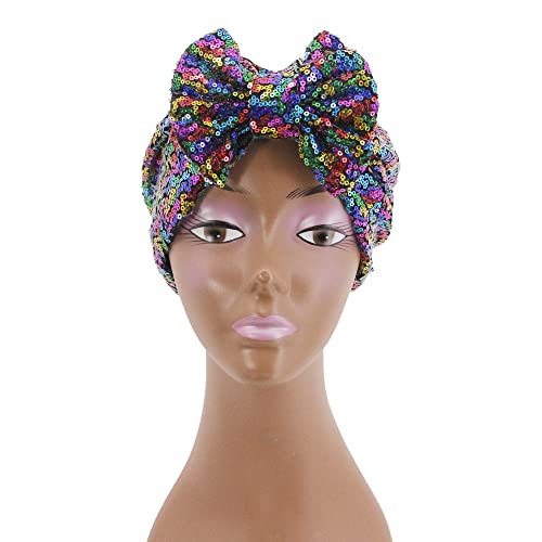 Erinaco Women Sparkle Sequin African Turban Bow Knot Pre-Tied Cap Pleated Ruffle Bonnet Beanie Hat Headwrap Skull Caps - color: Colorful Sequin