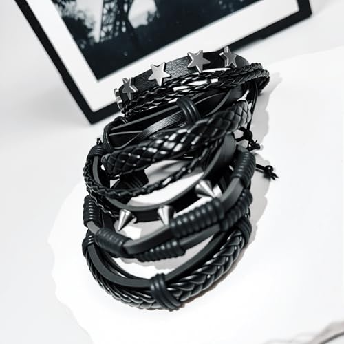Punk Braided Leather Bracelets for Men Women Gothic Wood Beaded Tribal Wrap Wristband Grunge Emo Multilayer Adjustable Mens Bracelet in Black Brown Fathers Day Gift - color: Star