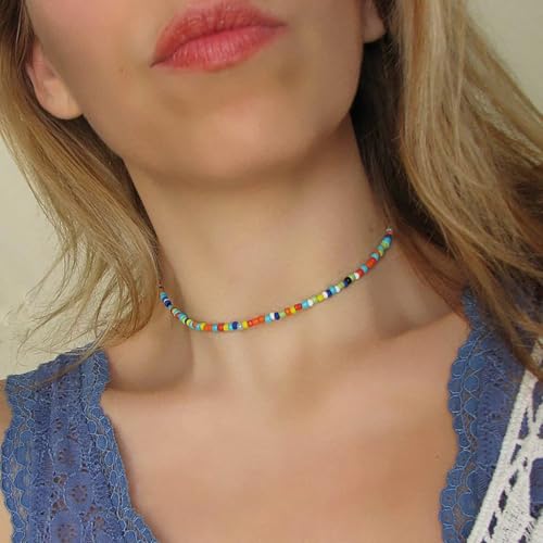 PINK TOWN Colorful Beaded Necklace Bohemian Rice Beads Choker Handmade Summer Beach Necklace for Women - color: Colourful
