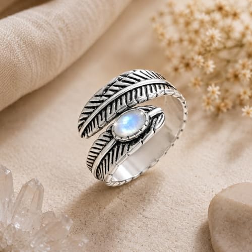 Silver Plated Feather Ring | 925 Silver Adjustable Open Ring | Vintage Leaf Design Inspirational Jewelry for Men & Women | Hypoallergenic Boho Statement Ring - color: Moonstone
