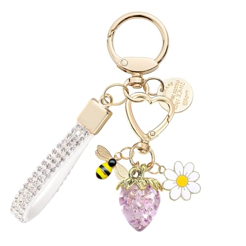 Keychain for Women Girls Bling Heart/Star/Strawberry Key Chain Accessories for Key/Backpack Bag Charm - color: Purple Strawberry