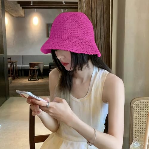 Womens Floppy Straw Sun Hat Packable Wide Brim Summer Beach Hat Foldable Crochet Bucket Hats - color: Rose Red 2
