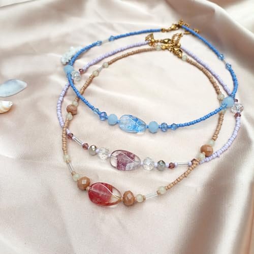 Beaded Necklaces for Women Summer Beach Beaded Necklace Bead Choker Boho Necklaces for Women Handmade Summer Jewelry Stainless Steel 18K Gold Plated - color: Purple