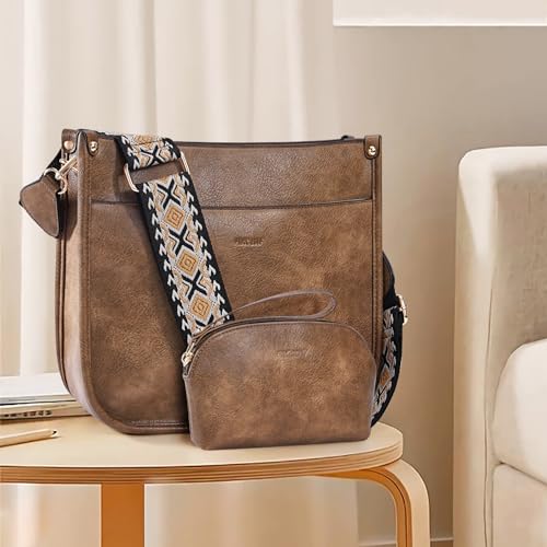 HKCLUF Crossbody Bag Purse for Women 2PCS/Set Leather Hobo Handbag Wallet Set With 2Adjustable Guitar Strap Shoulder Bag | Purse - color: A10-deepcoffee