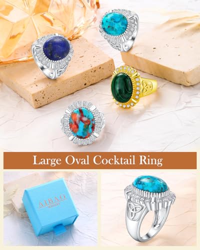 AIBAO 4-12 Ct Large Oval Engagement Rings for Women Natural Turquoise/Lapis Lazuli/Malachite Celtic/Infinity/Love Knot Halo Ring Size 6 to 10 Anniversary Christmas Valentines Gift - style: 7.6 Ct Blue Turquoise & Created White Sapphire