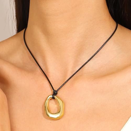 Black Cord Necklace with Gold Circle Pendant Chunky Leather Cord Necklace Large Round Pendant Statement Necklace Long Boho Jewelry Western Outfit for Women - color: A2