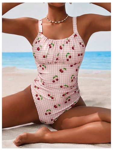 BEAUDRM Women's Boho Floral Print One Piece Swimsuit Y2K Bathing Suits Swimwear Beachwear - color: Pink Cherry, size: Small