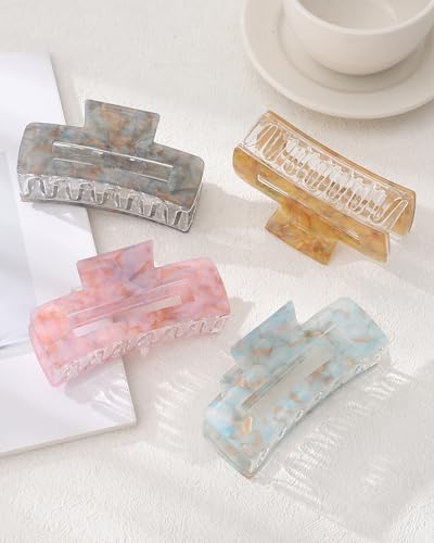 4Pcs Large Acrylic Hair Claw Clips, Nonslip Cute Hair Clips for Thick Hair and Long Hair, Rectangle Marble Claw Clips Hair Accessories for Women and Girls - color: Pink + Gray + Yellow + Cyan