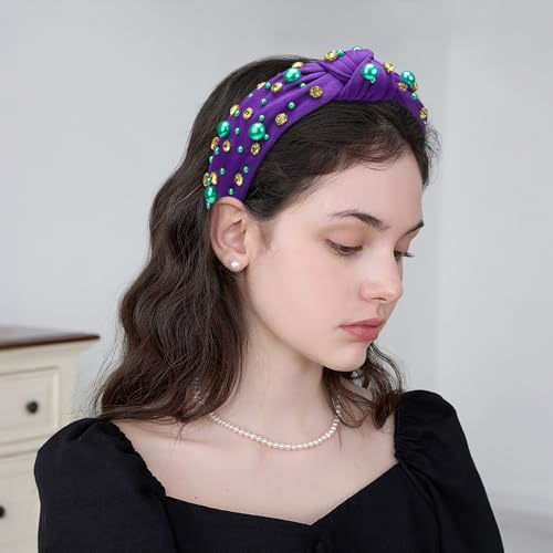 WantGor Pearl Knotted Headband, Women Rhinestone Embellished Hairband Elegant Wide Top Knot Bride Headbands Headpieces Party Fashion Elegant Ladies Hair Band Hair Hoop Accessories (Dark Purple) - color: Dark Purple