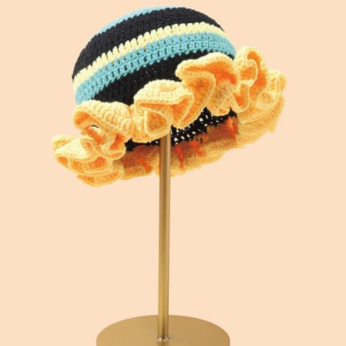 KORADI Womens Crochet Bucket Hat Ruffled Brim Knitted Hats Winter Boho Handmade Caps - color: Yellow&black