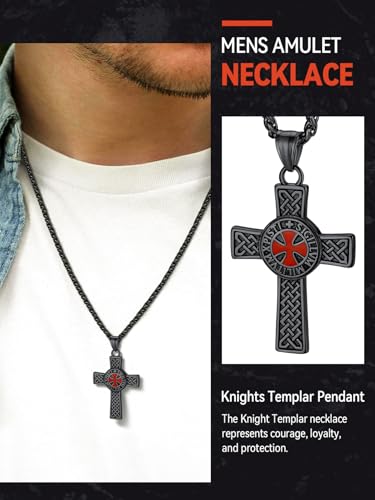 FaithHeart Knights Templar Necklace for Men, Christian Necklace for Men Stainless Steel Pendant Neckalces Christian Gifts with Gift Box - color: 02. Cross-Black