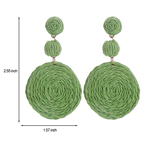 Boho Raffia Ball Earrings for Women, Handmade Statement Drop Earrings Straw Dangle Earrings Beach Vacation Jewelry - color: Matcha green