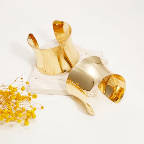 BROCC 2Pcs Gold Chunky Cuff Bracelets Set for Women Open Wide Bangle Bracelets Irregular Minimalist Statement Bangle Bracelets Punk Jewelry