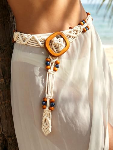 Fstrend Women's Woven Waist Belt Chain,Turquoise Braided Belts with Wooden Beads,Adjustable Belly Accessory for Dress (D) - color: B