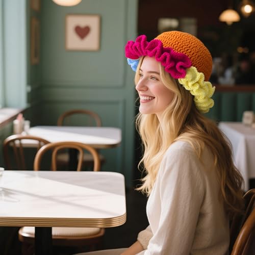 Handmade Crochet Bucket Hat for Women Boho Chic Slouchy Design Colorblock Ruffled Brim Festival&Daily Crochet Hat - color: Orange Crown Contrasting