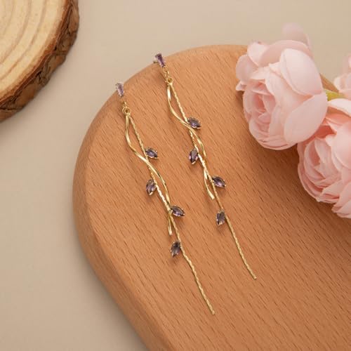 Temperament Long Zircon Tassel Earrings for Women Charm Jewelry Sparkling Crystal Leaves Twist Dangle Earrings for Friends - color: Gold-Purple Leaves